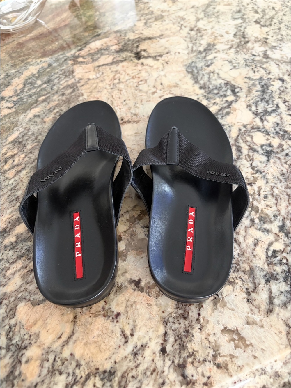Prada Black Men’s Thong Sandals with Red Logo Insole